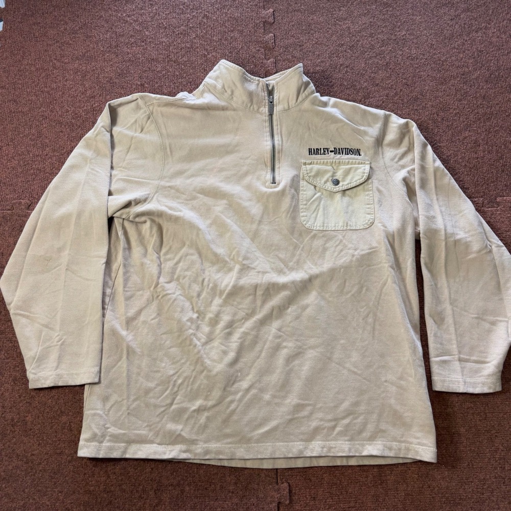 Harley‎ Davidson Mens Tan Quarter Zip Pullover Wolf Graphic Long Sleeve Shirt L